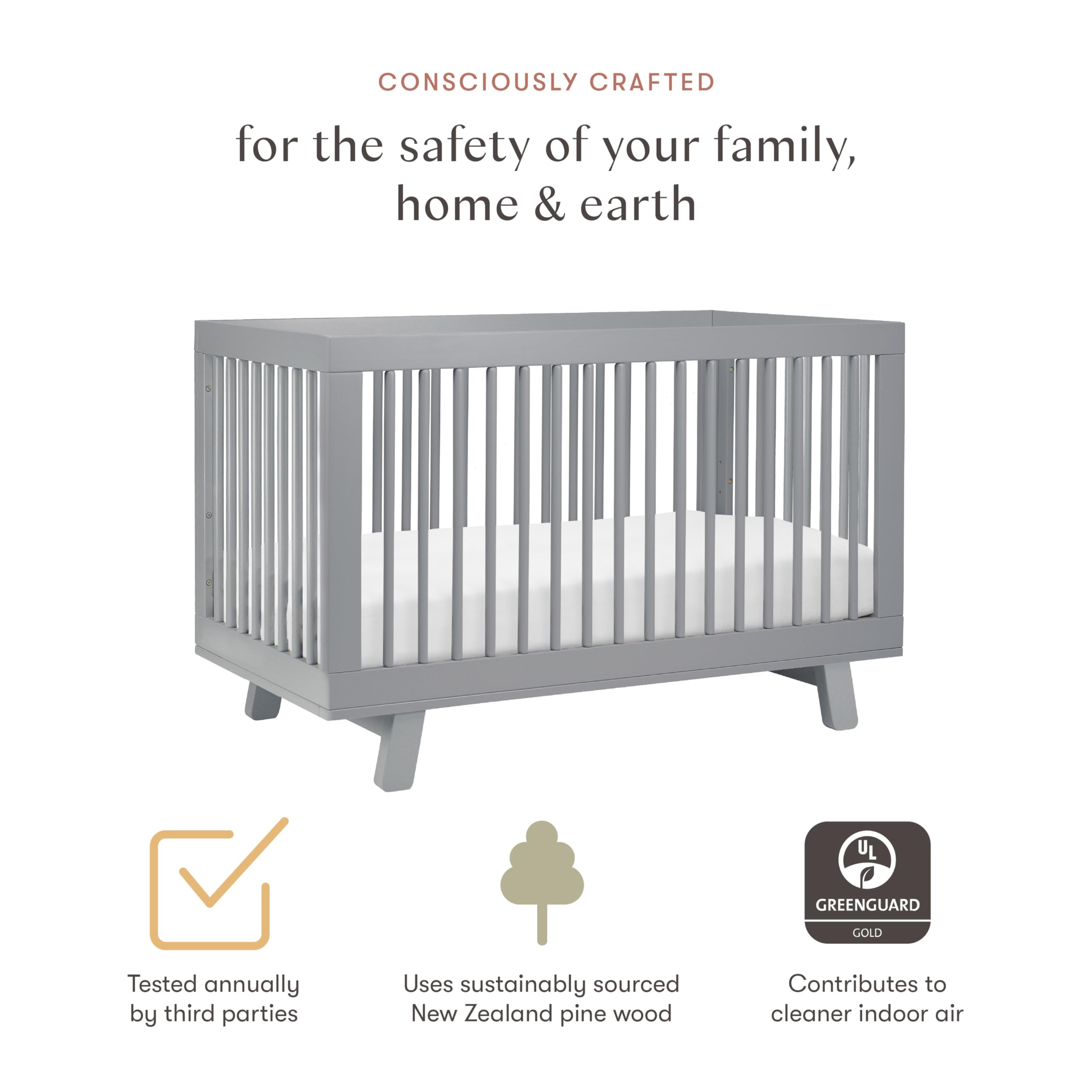 Babyletto Hudson 3-In-1 Convertible Crib With Toddler Bed Conversion Kit In Grey, Greenguard Gold Certified